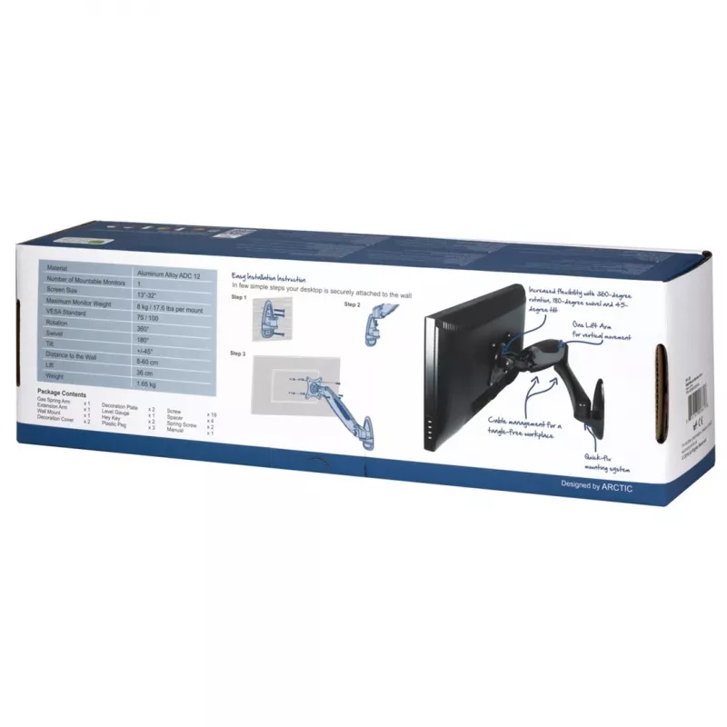 Arctic W1-3D laikiklis LCD ekranams – aliuminio lydinys – ekrano dydis iki 109,2 / 124 cm