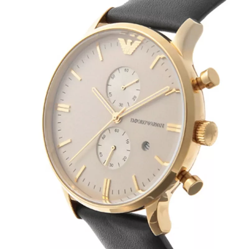 Armani AR0386 vyriškas klasikinis kvarcinis analoginis laikrodis 40 mm, auksinio ciferblato, juodo odinio dirželio