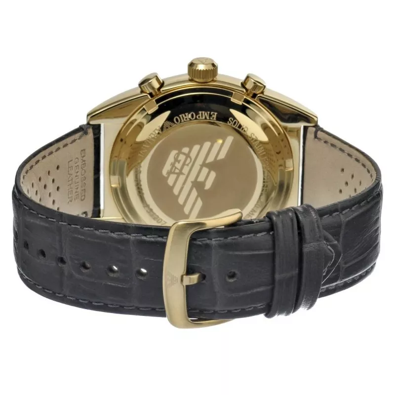 Armani AR0386 vyriškas klasikinis kvarcinis analoginis laikrodis 40 mm, auksinio ciferblato, juodo odinio dirželio