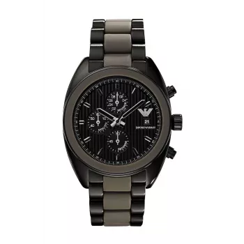 ARMANI AR5953 Vyriškas Chronografo Laikrodis 43mm Juodas Ciferblatas Nerūdijantis Plienas su Silikoniniu Apvyniojamu Dirželiu