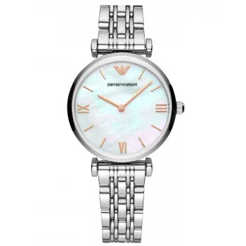 ARMANI moteriškas laikrodis AR90004L kvarcinis analoginis 32 mm rožinio aukso nerūdijančio plieno korpusas rudos odos dirželis
