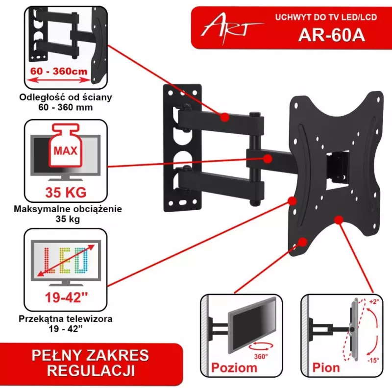 ART AR-60A pilno judesio TV laikiklis prie sienos 19-42 colių LED/LCD ekranams, 35 kg, juodas