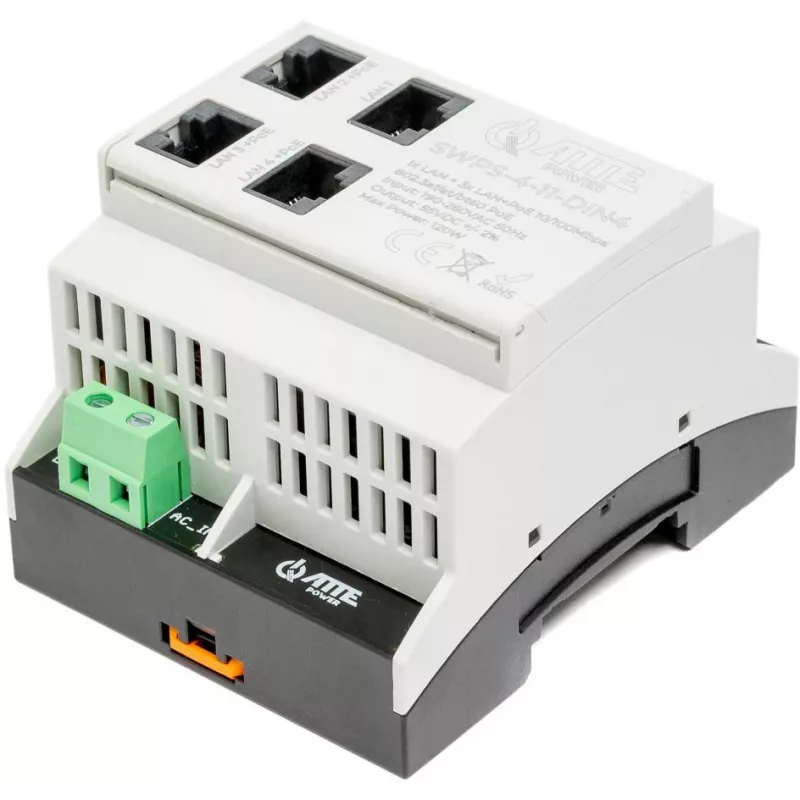 ATTE SWPS-4-11-DIN4 Pramoninis 4 prievadų PoE+ komutatorius su įmontuotu maitinimo šaltiniu, DIN bėgio montavimui, 60W biudžetas