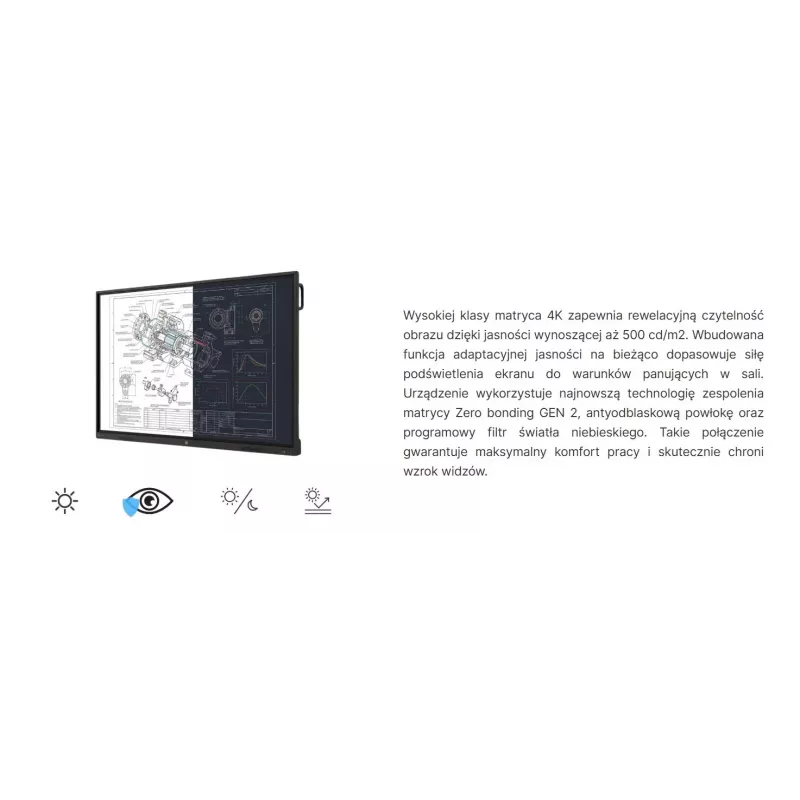 AVTEK TS 9 Mate G 86 inch 4K UHD interaktyvus liečiamasis monitorius su Android 13, 40 taškų IR liečiamuoju ekranu, 8 GB RAM, 128 GB atmintimi, Wi-Fi 6, Bluetooth 5.2, dviem 16 W garsiakalbiais, 8 mikrofonų masyvu, VESA 800x600