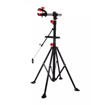 AWTOOLS Dviračių remonto stovas 30kg, 360° sukamas spaustukas, sulankstomas trikojis, įrankių padėklas, aukštis 107-190cm, juodas/raudonas