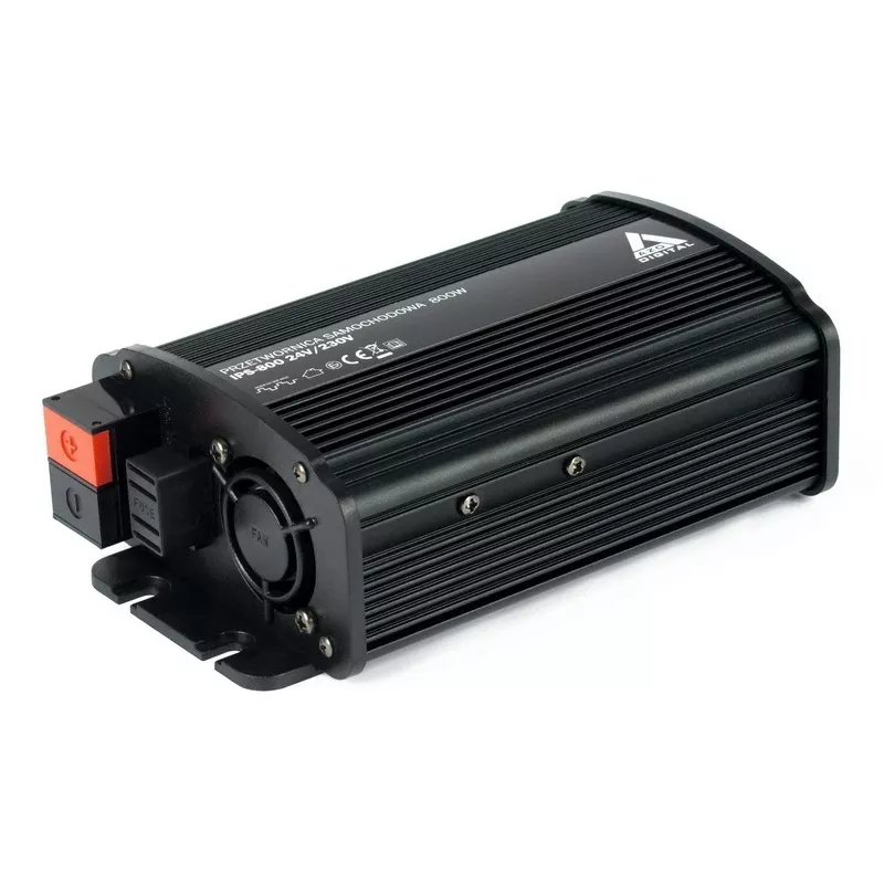 AZO Digital IPS-800U 800W 24V DC į 230V AC keitiklis su USB, Schuko lizdu ir akumuliatoriaus gnybtais