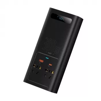 Baseus automobilinis keitiklis IGBT 300W/220V su dviem EU lizdais, USB-C PD, USB-A QC, akumuliatoriaus spaustukais ir cigarečių degiklio laidu, juodas (CGNB010101)