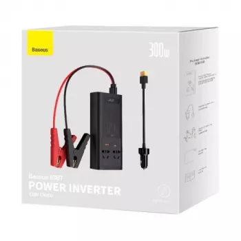 Baseus automobilinis keitiklis IGBT 300W/220V su dviem EU lizdais, USB-C PD, USB-A QC, akumuliatoriaus spaustukais ir cigarečių degiklio laidu, juodas (CGNB010101)