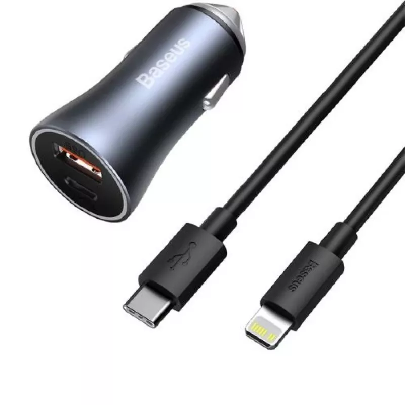 Baseus Golden Contactor Pro Dual Quick Car Charger 40W USB-C + USB-A PD 3.0 QC 4+ SCP FCP AFC su Type-C į Lightning kabeliu 1m Juoda Tamsiai Pilka