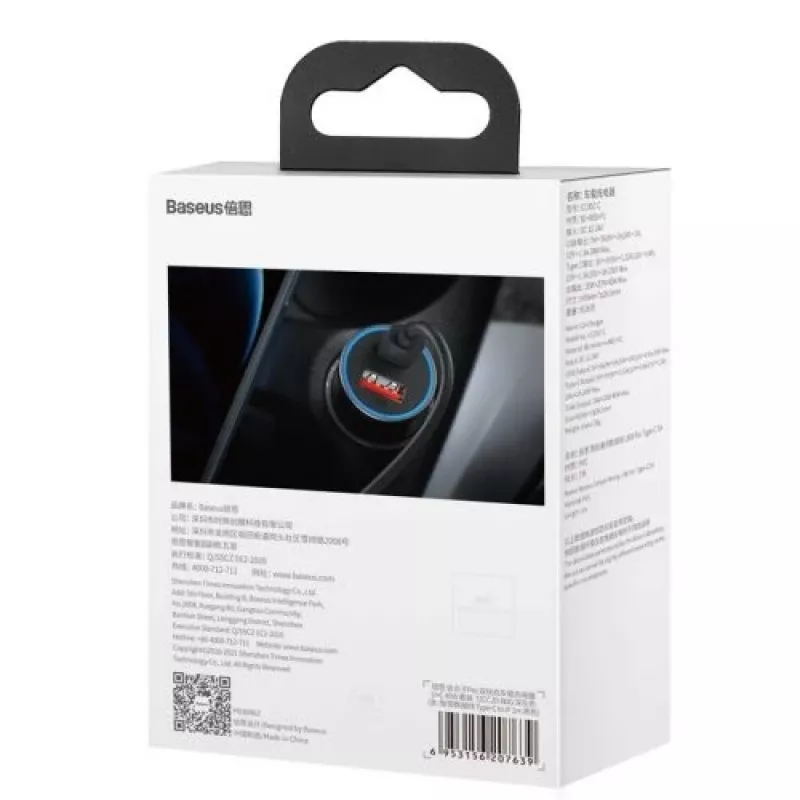 Baseus Golden Contactor Pro Dual Quick Car Charger 40W USB-C + USB-A PD 3.0 QC 4+ SCP FCP AFC su Type-C į Lightning kabeliu 1m Juoda Tamsiai Pilka