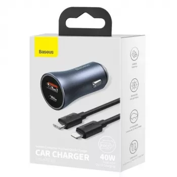 Baseus Golden Contactor Pro Dual Quick Car Charger 40W USB-C + USB-A PD 3.0 QC 4+ SCP FCP AFC su Type-C į Lightning kabeliu 1m Juoda Tamsiai Pilka