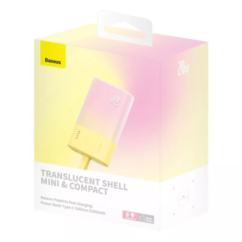 Baseus Popsicle 5200mAh 20W Power Bank su integruotu Lightning laidu ir baltu Baseus Simple USB-C į USB-C 60W 30cm laidu - Geltona-Rožinė