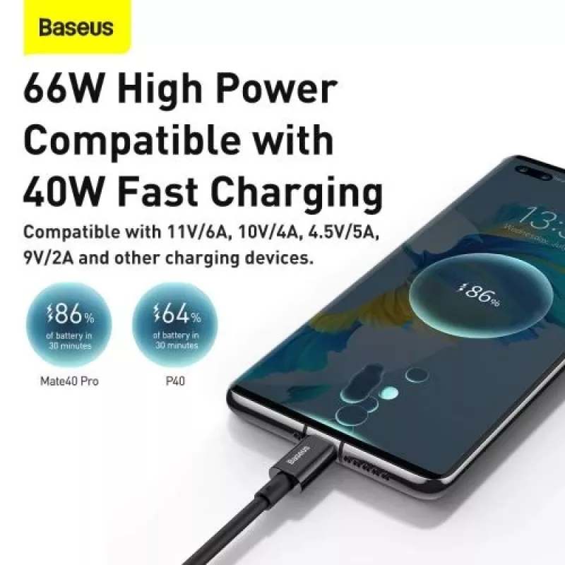 Baseus Superior Series USB-A į USB-C greito įkrovimo ir duomenų kabelis, 66W (11V/6A), 2m, juodas (CATYS-A01)