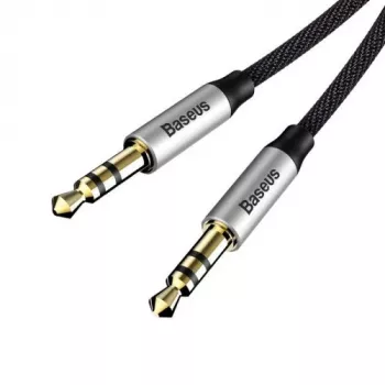 Baseus Yiven M30 3.5mm garso laidas (vyras–vyras) – 1 m, nailono pynė, auksu padengti lizdai, juoda/sidabrinė
