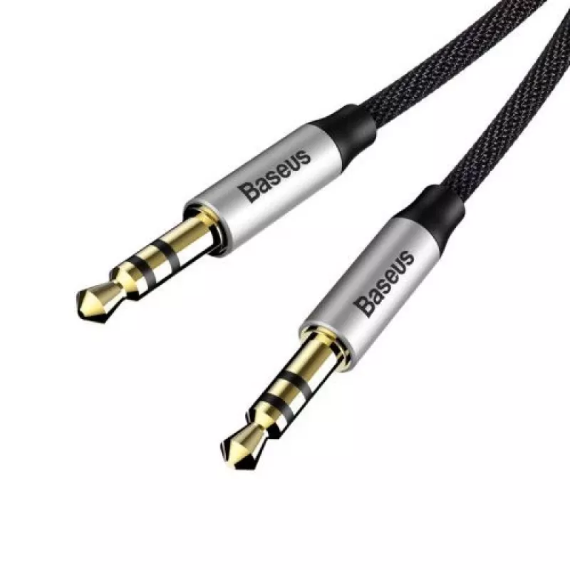 Baseus Yiven M30 3.5mm garso laidas (vyras–vyras) – 1 m, nailono pynė, auksu padengti lizdai, juoda/sidabrinė