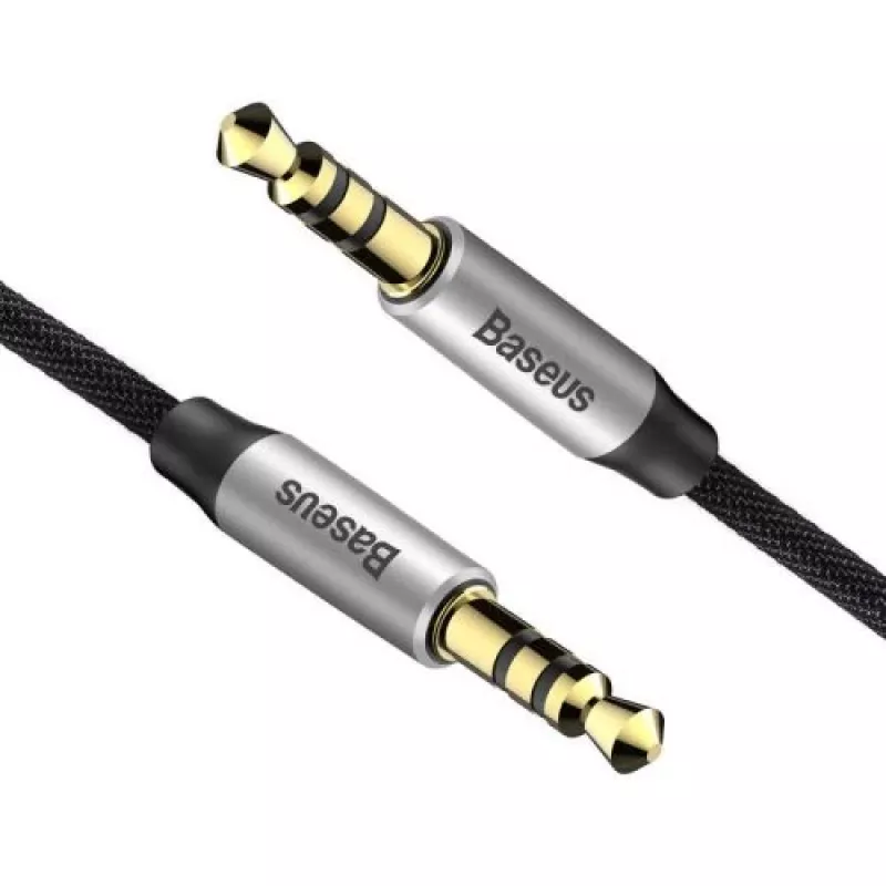 Baseus Yiven M30 3.5mm garso laidas (vyras–vyras) – 1 m, nailono pynė, auksu padengti lizdai, juoda/sidabrinė
