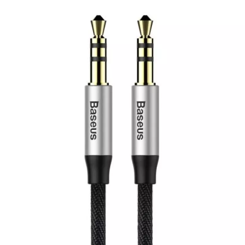 Baseus Yiven M30 3.5mm garso laidas (vyras–vyras) – 1 m, nailono pynė, auksu padengti lizdai, juoda/sidabrinė