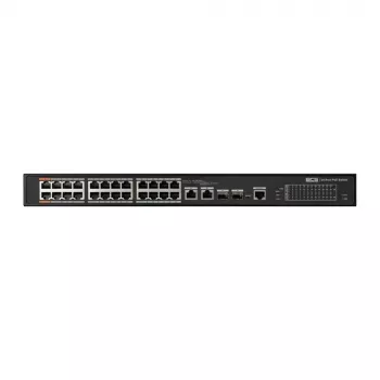 BCS 24 prievadų Gigabit PoE+ pramoninis išmanusis valdomas komutatorius su 2 SFP, 300W biudžetu, DIN bėgeliu