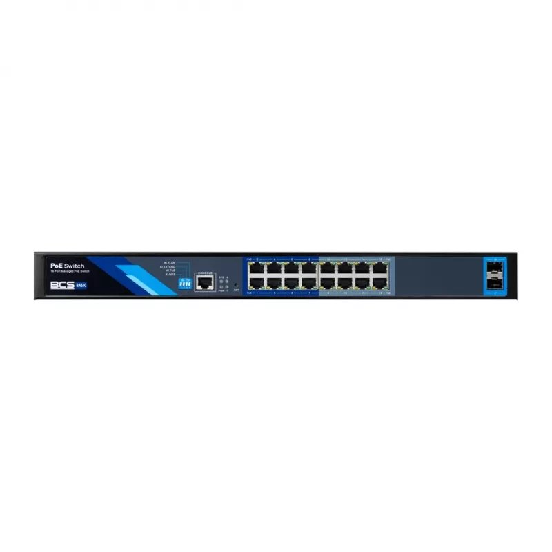 BCS B-SP16G-2SFP-M pramoninis nevaldomas 16 prievadų Gigabit PoE+ komutatorius su 2 SFP lizdais, 240 W PoE biudžetu, DIN bėgio montavimu