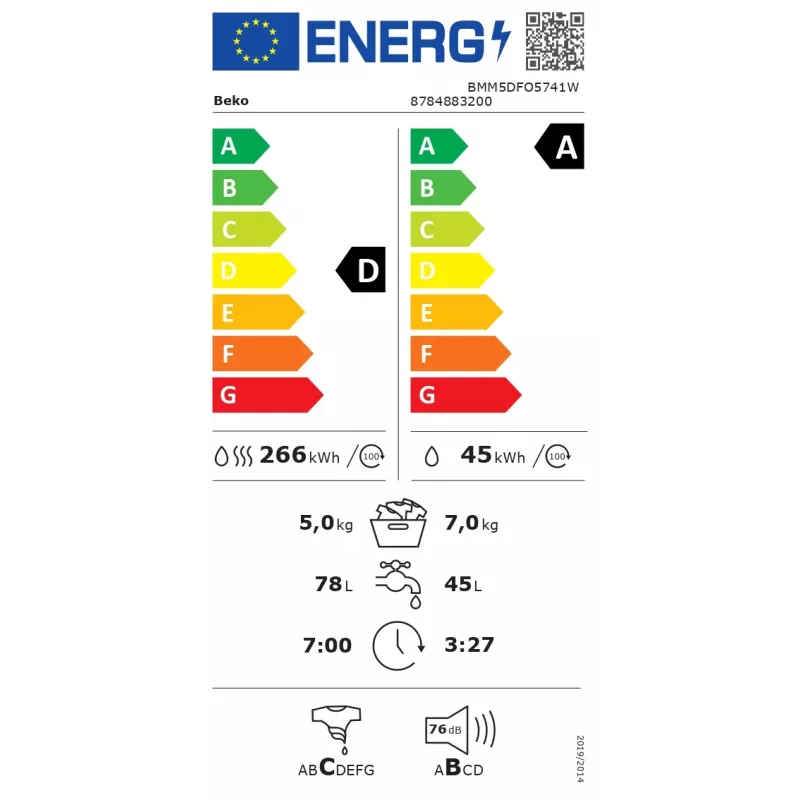 BEKO BMM5DFO5741W Skalbimo džiovinimo mašina, 7 kg skalbimas / 5 kg džiovinimas, 1400 aps./min., energijos klasė D, balta