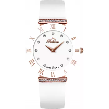 BELLEVUE E120 Women's Quartz Analog Watch 26mm Stainless Steel Case White Dial Black Leather Band