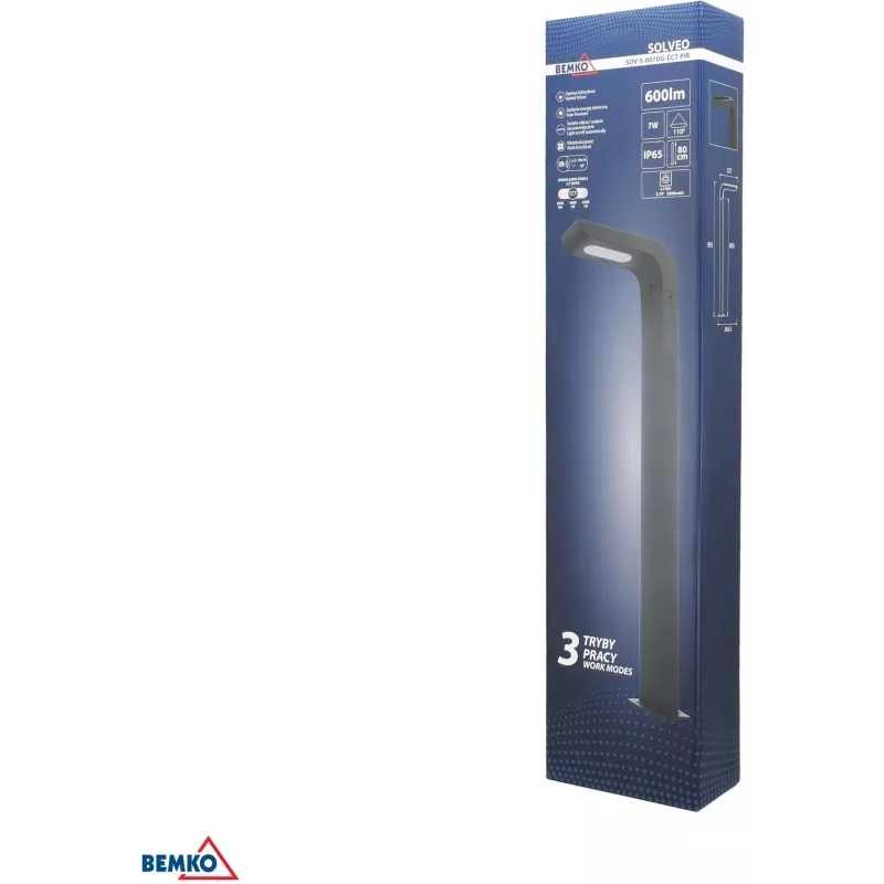 BEMKO SOLVEO Hybrid LED sodo prožektorius, 7W, 600lm, CCT 3000K/4000K/6500K, 80cm, IP65, tamsiai pilkas, PIR jutiklis