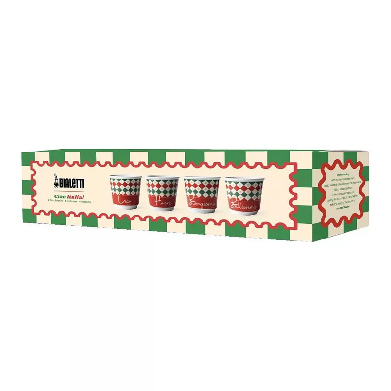 Bialetti 4 vnt. Tricolore espreso stiklinės, 80 ml, stiklas, Italijos vėliavos spalvos, tinka plauti indaplovėje
