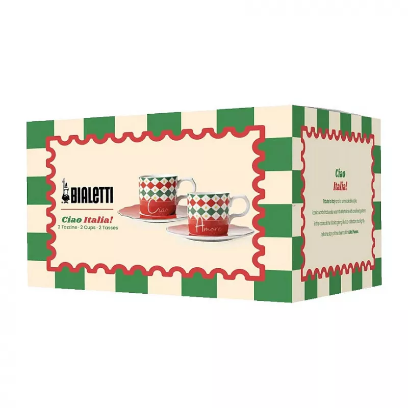 Bialetti Tricolore Espresso puodelių su lėkštutėmis rinkinys (2 puodeliai, 2 lėkštutės)