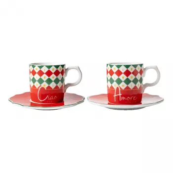 Bialetti Tricolore Espresso puodelių su lėkštutėmis rinkinys (2 puodeliai, 2 lėkštutės)