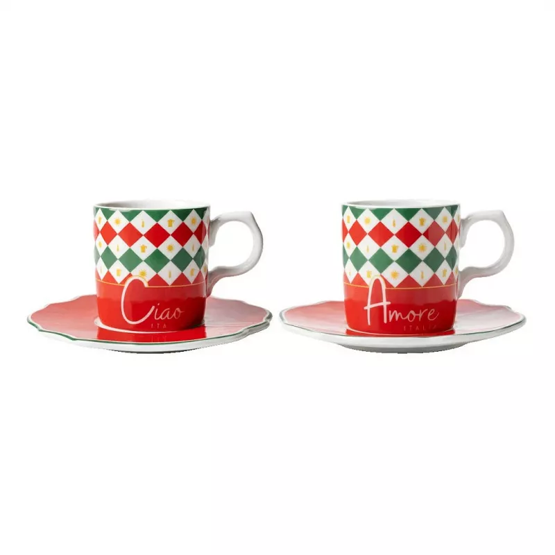 Bialetti Tricolore Espresso puodelių su lėkštutėmis rinkinys (2 puodeliai, 2 lėkštutės)