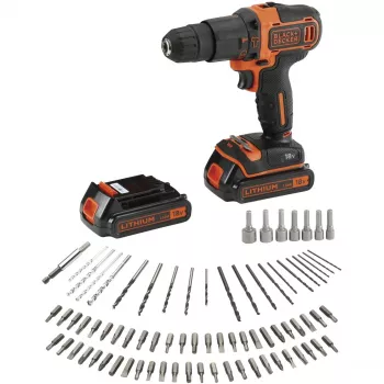 BLACK+DECKER 18V belaidis gręžtuvas-suktuvas su smūginiu mechanizmu BDCHD18BAFC, juoda/oranžinė, 2x 1.5Ah ličio jonų baterijos, 80 dalių priedų rinkinys, dėžė