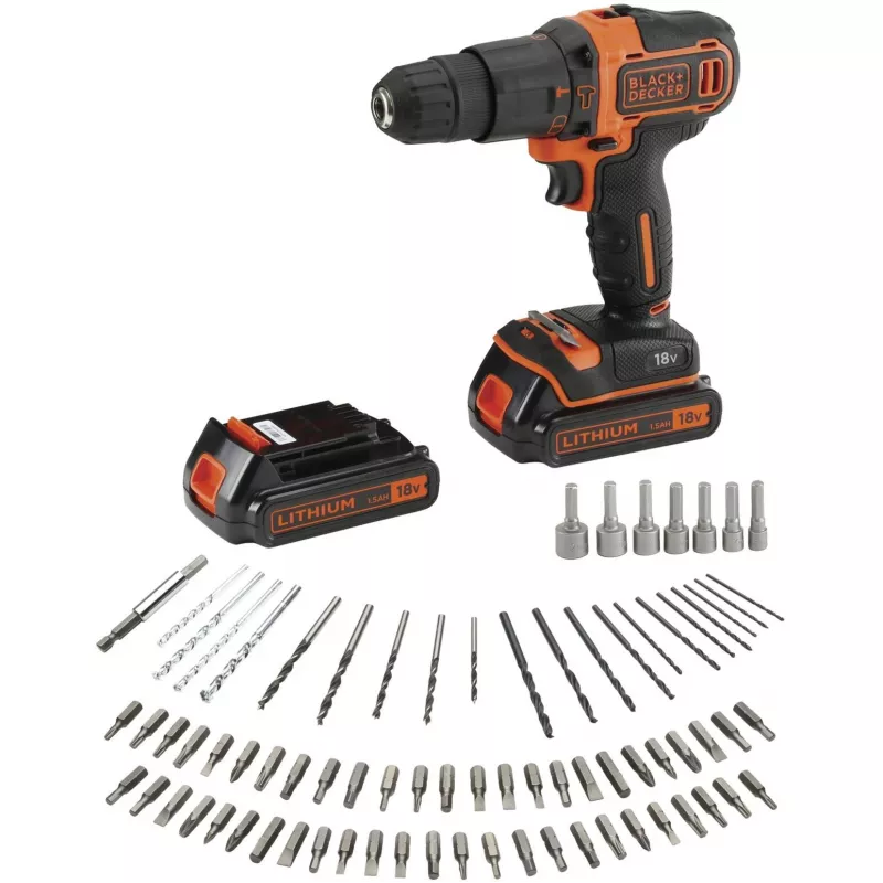 BLACK+DECKER 18V belaidis gręžtuvas-suktuvas su smūginiu mechanizmu BDCHD18BAFC, juoda/oranžinė, 2x 1.5Ah ličio jonų baterijos, 80 dalių priedų rinkinys, dėžė