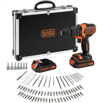 BLACK+DECKER 18V belaidis gręžtuvas-suktuvas su smūginiu mechanizmu BDCHD18BAFC, juoda/oranžinė, 2x 1.5Ah ličio jonų baterijos, 80 dalių priedų rinkinys, dėžė