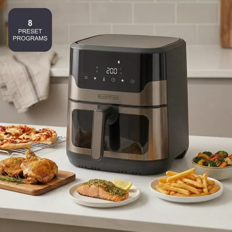 BLACK+DECKER BXAF8001E 8L skaitmeninis oro gruzdintuvas, 1700W, 8 programų, nelipni danga, juodos spalvos