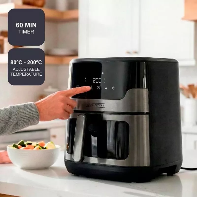 BLACK+DECKER BXAF8001E 8L skaitmeninis oro gruzdintuvas, 1700W, 8 programų, nelipni danga, juodos spalvos