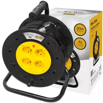 BLO PR-61 30m ilgio ilgintuvas su 4 įžemintais lizdais, terminiu apsaugos išjungikliu, 3x1.5mm² H05VV-F kabeliu, IP20, 16A/230V, maks. 3680W išvyniojus
