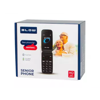 BLOW S24 juodas senjorų telefonas su SOS mygtuku, dideliais klavišais, dviem SIM kortelėmis, kamera, FM radiju, žibintuvėliu ir įkrovimo stotele