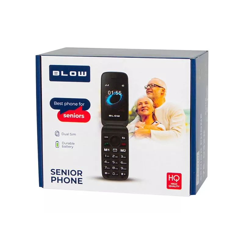 BLOW S24 juodas senjorų telefonas su SOS mygtuku, dideliais klavišais, dviem SIM kortelėmis, kamera, FM radiju, žibintuvėliu ir įkrovimo stotele