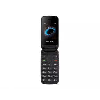 BLOW S24 juodas senjorų telefonas su SOS mygtuku, dideliais klavišais, dviem SIM kortelėmis, kamera, FM radiju, žibintuvėliu ir įkrovimo stotele
