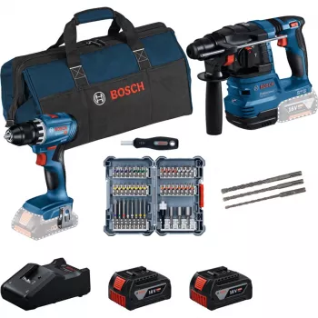 Bosch 18V Professional Set Rotary Hammer GBH 18V-22 + Drill Driver GSR 18V-45 - (mėlyna/juoda, 2x Li-Ion Battery 4.0Ah, Hammer Drill Bit and Bit Set, Tool Bag) (0615V0003D)