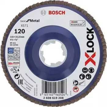 Bosch Accessories 2608619208 X-LOCK pluoštinis diskas Ø 115 mm, grūdėtumas 120, cirkonio aliuminio oksidas, nerūdijančiam plienui