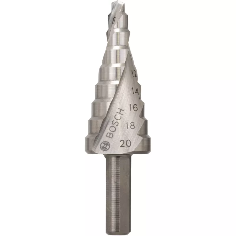 Bosch HSS laiptinis grąžtas 4-20 mm, 3 plokštumų kotas, 70,5 mm ilgio 2608597519
