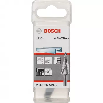Bosch HSS laiptinis grąžtas 4-20 mm, 3 plokštumų kotas, 70,5 mm ilgio 2608597519