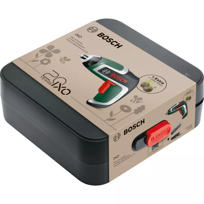 Bosch IXO 7 Anniversary Set 3.6V akumuliatorinis suktuvas (žalias/juodas, Li-Ion 2.0Ah, antgalių rinkinys, sėklų rutuliukai, dėžutė)