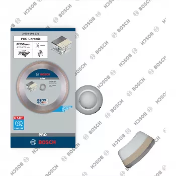 Bosch PRO Ceramic Diamond Cutting Disc, 250 mm skersmens, 30 mm anga (su 25,4 mm redukcijos žiedu), ištisinis kraštas, šlapiam/sausam pjovimui