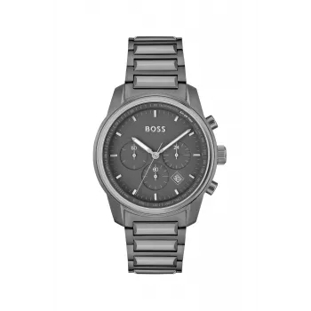 BOSS Vyriškas Laikrodis 1514005 44mm Nerūdijančio Plieno Korpusas Mėlynas Ciferblatas Rudo Odos Dirželis Chronografas Kvarcinis