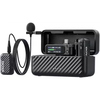 BOYA BOYAMIC 2-01 Belaidis ir laidinis mikrofonų rinkinys 2,4GHz, AI triukšmo slopinimas su 2 imtuvais ir 1 siųstuvu (USB-C) Juoda