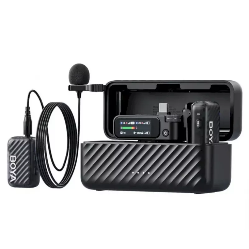 BOYA BOYAMIC 2-02 Belaidė Mikrofonų Sistema 2,4GHz, AI Triukšmo Slopinimas, 2 Imtuvai + 1 Siųstuvas (USB-C) Juoda