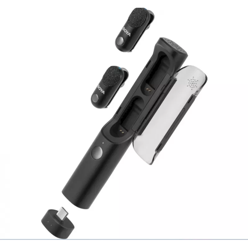 BOYA Magic-02 belaidžiai mikrofonai ausinės 2,4GHz USB-C/Lightning/3.5mm Juoda