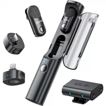 BOYA Magic-02 belaidžiai mikrofonai ausinės 2,4GHz USB-C/Lightning/3.5mm Juoda